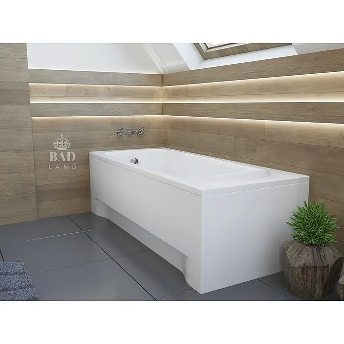 Bad Land Badewanne MEDIUM Acryl-Eckwanne 170 x 75 cm Weiß - Sanitäracryl, Weiß - Weiße rechteckige Badewanne in einem modernen Badezimmer mit holzgetäfelten Wänden und grauen Fliesen.