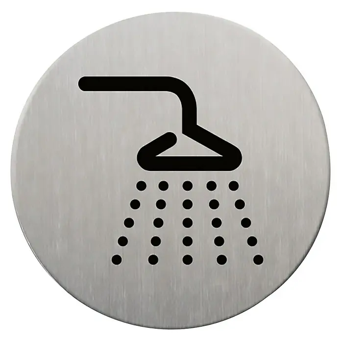 Rótulo - Plateado/Negro, Ducha - Símbolo de ducha en un letrero redondo plateado. Ideal para baños e instalaciones sanitarias.