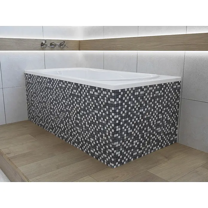 Bad Land Badewanne GRACJA Acryl-Eckwanne 120 x 75 cm Weiß, inkl. Wannenträger - 120 x 75 cm, Sanitäracryl, Weiß - Einbau-Badewanne mit weißem Rand und schwarz-grau-weißem Mosaikfliesen-Verkleidung. In einem modernen Badezimmer.