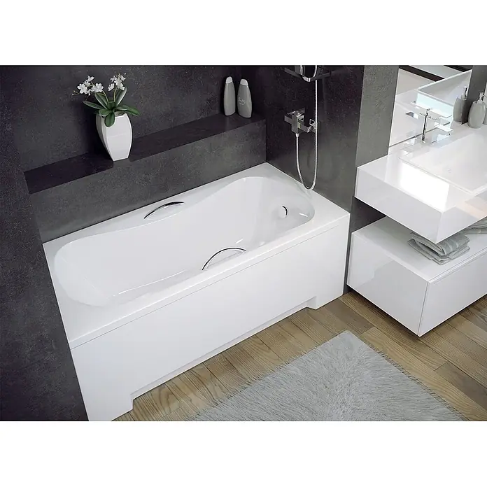 Bad Land Badewanne ARIA PLUS Acryl-Eckwanne 160 x 70 cm Weiß - Sanitäracryl, Weiß - Weiße Acryl-Badewanne mit Chromgriffen in einem modernen Badezimmer.