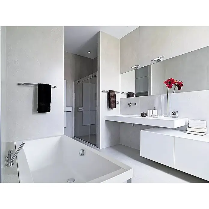 Bad Land Badewanne QUADRO Acryl-Eckwanne 190 x 90 cm Weiß, inkl. Acrylschürze - Sanitäracryl, Weiß - Modernes Badezimmer mit weißer Badewanne, Glasdusche und minimalistischem Waschtisch.