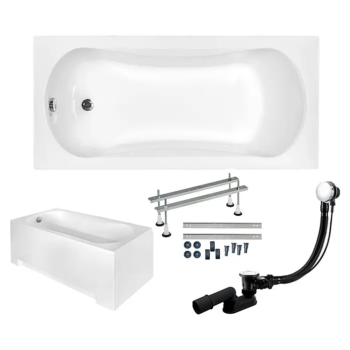 Bad Land Badewanne ARIA Acryl-Eckwanne 150 x 70 cm Weiß, inkl. Acrylschürze - Sanitäracryl, Weiß - Weiße Acryl-Badewanne mit verstellbarem Untergestell und verchromtem Ab- und Überlaufset.