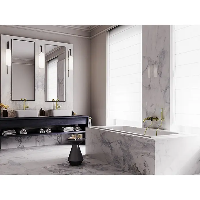 Bad Land Badewanne TALIA SLIM Acryl-Eckwanne 170 x 75 cm Weiß - 170 x 75 cm, Sanitäracryl, Weiß - Luxuriöses Marmorbad mit Doppelwaschtisch, goldenen Armaturen und moderner Badewanne.