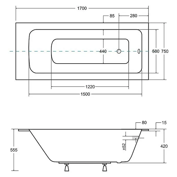 Bad Land Badewanne TALIA SLIM Acryl-Eckwanne 170 x 75 cm Weiß - 170 x 75 cm, Sanitäracryl, Weiß - Technische Zeichnung einer rechteckigen Badewanne mit Draufsicht, Seitenansicht und detaillierten Maßen.