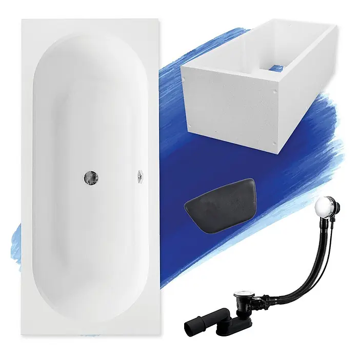 Bad Land Badewanne VITAE Acryl-Eckwanne 150 x 75 cm Weiß, inkl. Wannenträger und Kopfstütze - Sanitäracryl, Weiß - Weiße Einbauwanne, Schaumstoffträger, schwarze Kopfstütze und Ab-/Überlaufgarnitur.