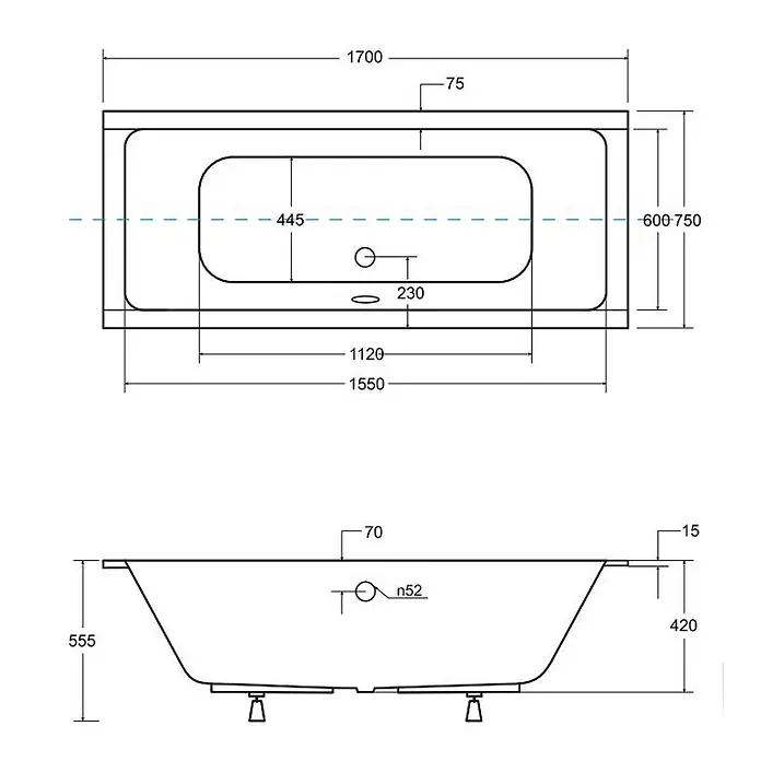 Bad Land Badewanne QUADRO SLIM Acryl-Eckwanne 170 x 75 cm Weiß - Sanitäracryl, Weiß - Technische Zeichnung einer rechteckigen Badewanne mit Maßen.