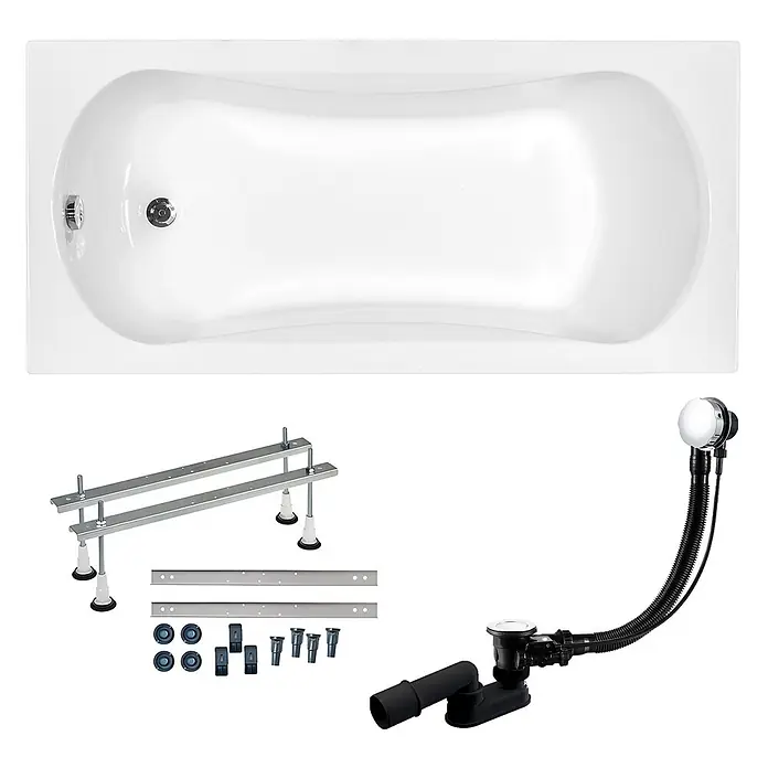 Bad Land Badewanne ARIA Acryl-Eckwanne 160 x 70 cm Weiß - 160 x 70 cm, Sanitäracryl, Weiß - Weiße Badewanne mit Metallstützrahmen und schwarzem/verchromtem Ab- und Überlaufset.