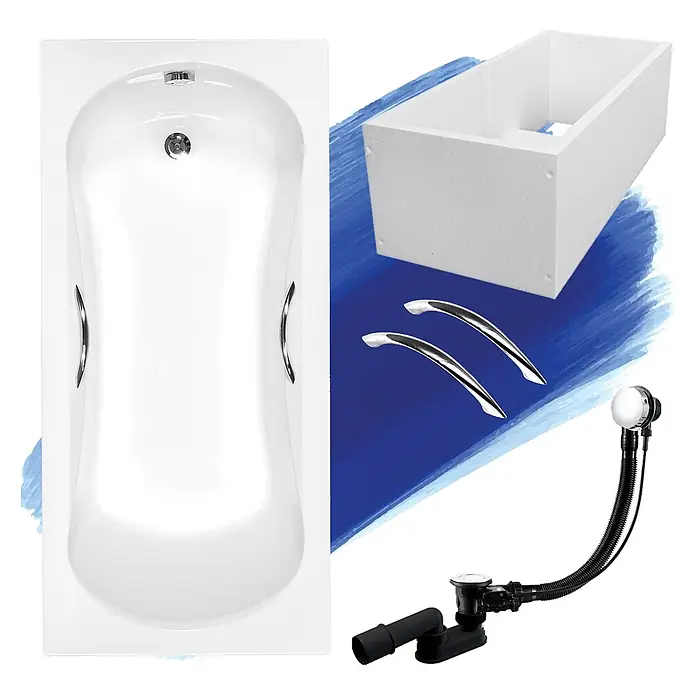 Bad Land Badewanne - 150 x 70 cm, Sanitäracryl, Weiß - Weiße Badewanne mit Chromgriffen, weißer Isolierbox und schwarzem Wannenablauf-Set.