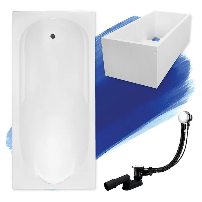 Bad Land Badewanne - 160 x 70 cm, Sanitäracryl, Weiß - Weiße Rechteckbadewanne, weißer Styropor-Trägerrahmen und schwarzes Chrom-Ablaufgarniturset.