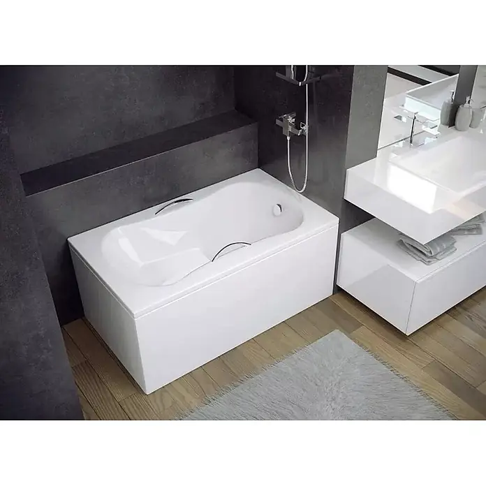 Bad Land Badewanne - 120 x 70 cm, Sanitäracryl, Weiß - Weiße Rechteckbadewanne mit ergonomischem Innenraum und Chromhaltegriffen im modernen Bad.