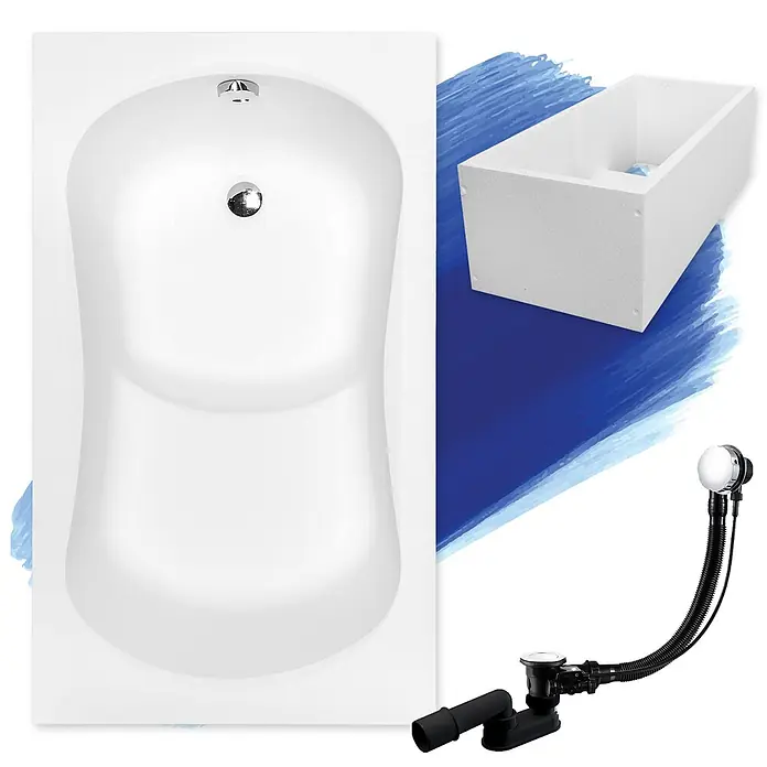 Bad Land Badewanne - 120 x 70 cm, Sanitäracryl, Weiß - Weißes Badewannenset mit Polystyrol-Stützrahmen und schwarz-verchromtem Ab- und Überlaufgarnitur.
