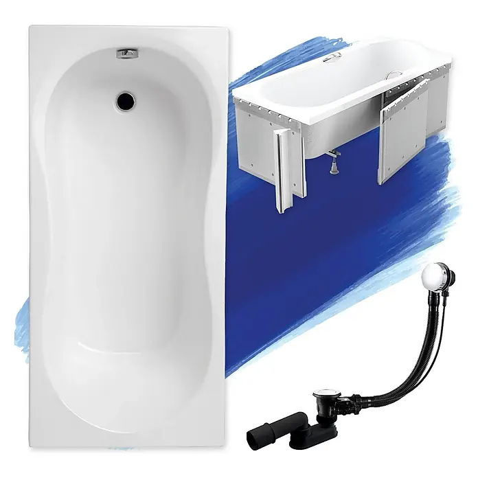 Bad Land Badewanne GRACJA Acryl-Eckwanne 170 x 75 cm Weiß, inkl. Styroporverkleidung - Sanitäracryl, Weiß - Weiße Rechteckbadewanne von oben und mit Seitenverkleidung, daneben ein schwarzes Ab-/Überlaufset.