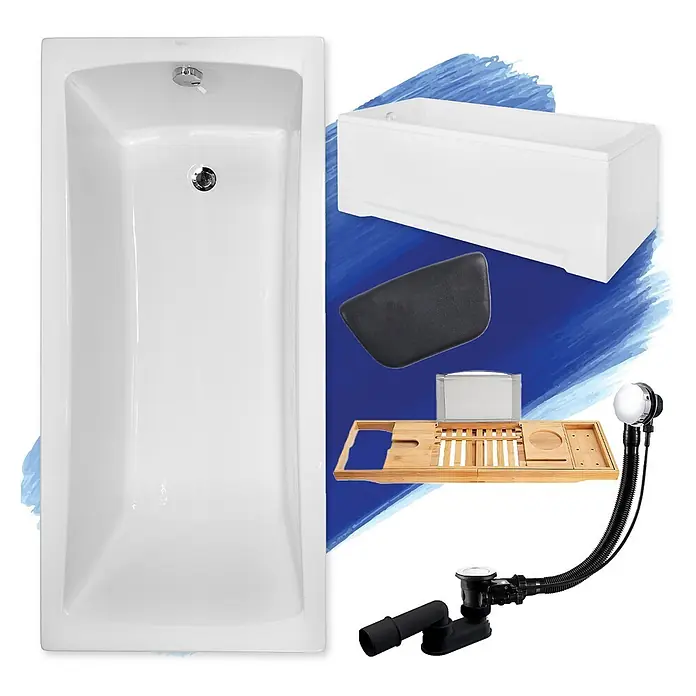 Bad Land Badewanne - 160 x 70 cm, Sanitäracryl, Weiß - Eine weiße rechteckige Badewanne mit schwarzem Kissen, hölzernem Badewannenablage und Chrom/Schwarz Abflusssystem.