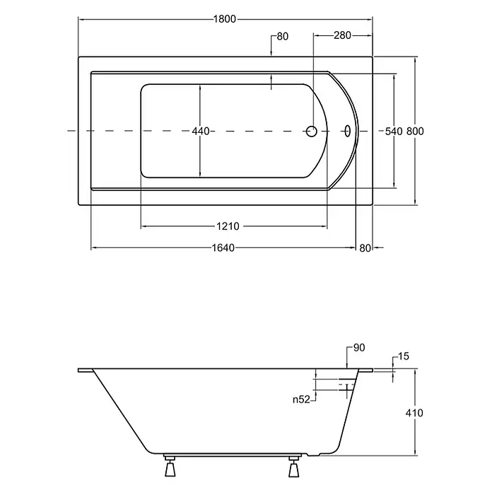 Bad Land Badewanne SHEA SLIM Acryl-Eckwanne 180 x 80 cm Weiß, inkl. Styroporverkleidung - 180 x 80 cm, Sanitäracryl, Weiß - Technische Zeichnung einer Badewanne mit Maßen, Draufsicht und Seitenansicht.
