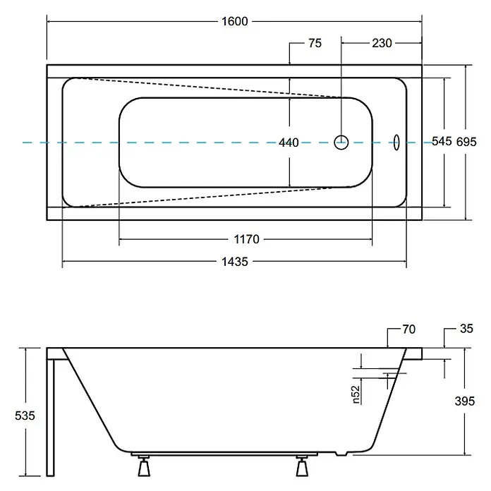 Bad Land Badewanne - 160 x 70 cm, Sanitäracryl, Weiß - Technische Zeichnung einer Badewanne mit Maßen, von oben und der Seite.