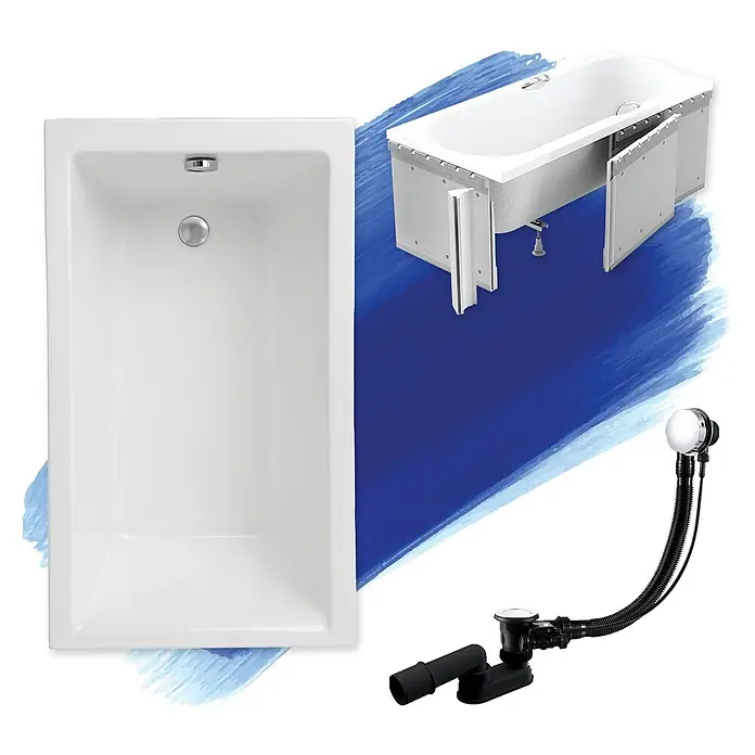 Bad Land Badewanne - 100 x 70 cm, Sanitäracryl, Weiß - Weiße rechteckige Badewanne und eine Chrom- und Schwarz-Ablaufgarnitur für Badewannen.