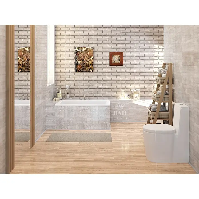 Bad Land Badewanne CAPRI Acryl-Eckwanne 120 x 70 cm Weiß, inkl. Wannenträger - Sanitäracryl, Weiß - Modernes Badezimmer mit weißer Badewanne, Toilette und hellem Holzboden. Ein Holzregal enthält Handtücher und Badartikel.