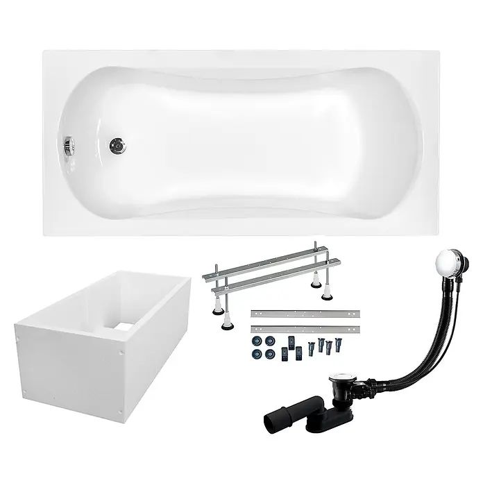 Bad Land Badewanne - 140 x 70 cm, Sanitäracryl, Weiß - Weißes Badewannen-Set mit Stützrahmen, Styroporplatte und Ab-/Überlaufgarnitur.