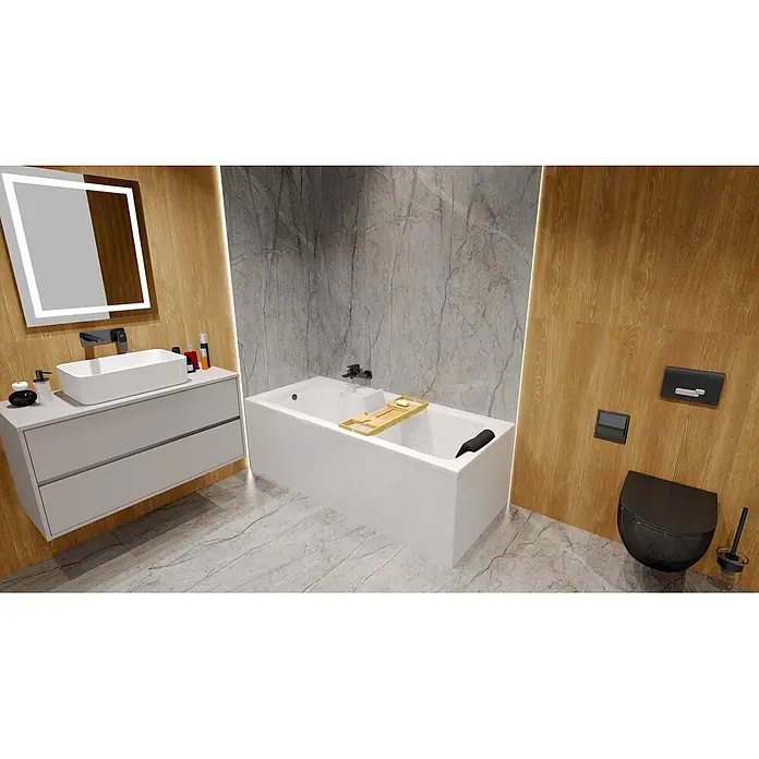 Bad Land Badewanne - 150 x 70 cm, Sanitäracryl, Weiß - Weiße, rechteckige Badewanne in einem modernen Badezimmer mit Holz-Badewannenablage.