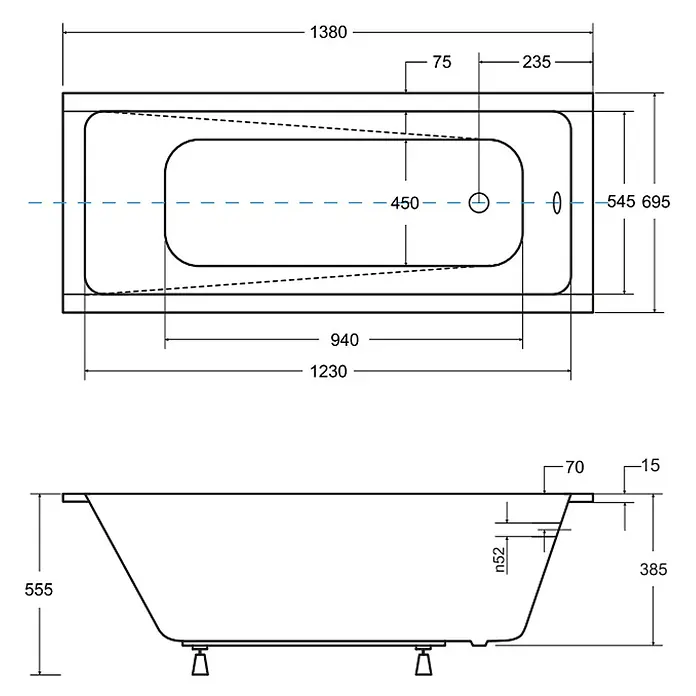 Bad Land Badewanne - 140 x 70 cm, Sanitäracryl, Weiß - Technische Zeichnung einer Badewanne mit Draufsicht und Seitenansicht, inklusive detaillierter Maße für die Installation.