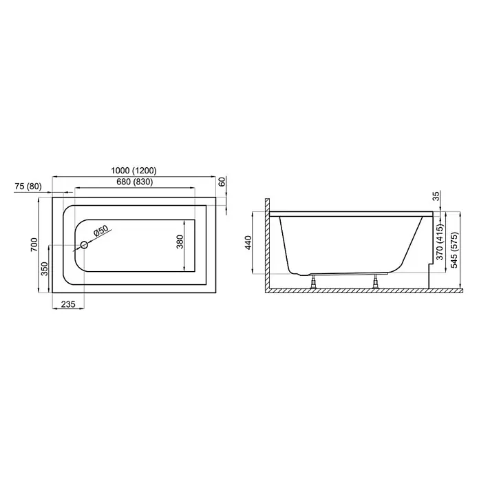 Bad Land Badewanne CAPRI Acryl-Eckwanne 100 x 70 cm Weiß - Sanitäracryl, Weiß - Technische Zeichnung einer rechteckigen Badewanne mit Maßen, Draufsicht und Seitenansicht, einschließlich Länge, Breite und Tiefe.