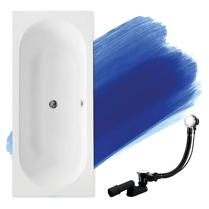 Bad Land Badewanne VITAE Acryl-Eckwanne 180 x 80 cm Weiß, inkl. Wannenträger - Sanitäracryl, Weiß - Weiße Badewanne mit integriertem Abfluss und Überlauf, begleitet von einem separaten schwarzen und verchromten Abflusssystem.