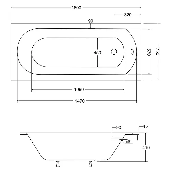 Bad Land Badewanne INTRICA SLIM Acryl-Eckwanne 160 x 75 cm Weiß - 160 x 75 cm, Sanitäracryl, Weiß - Detaillierte technische Zeichnung einer weißen Rechteckbadewanne mit Ober- und Seitenansicht, Maßen, Abfluss und Überlauf.