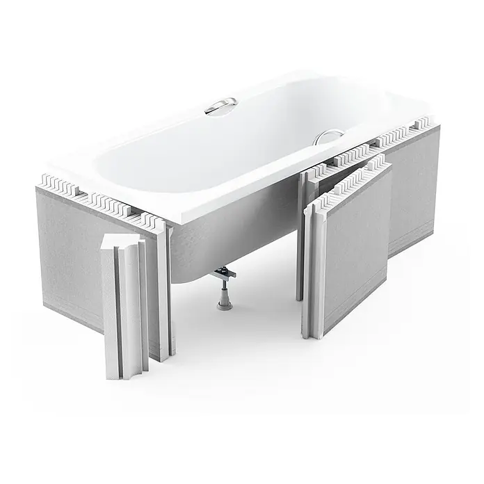 Bad Land Badewanne CLASSIC SLIM Acrylwanne 180 x 80 cm Weiß m. Styroporverkl., Ablage - 180 x 80 cm, Sanitäracryl, Weiß - Weiße Badewanne mit grauen, strukturierten Isolierpaneelen im teilmontierten Zustand.
