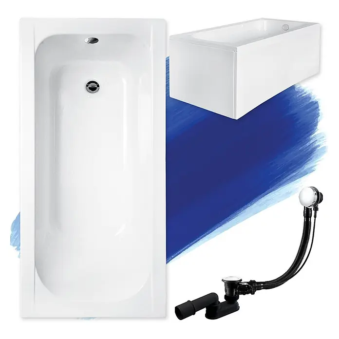 Bad Land Badewanne - 140 x 70 cm, Sanitäracryl, Weiß - Weiße rechteckige Badewanne und ein verchromtes Badewannenablauf- und Überlaufset.
