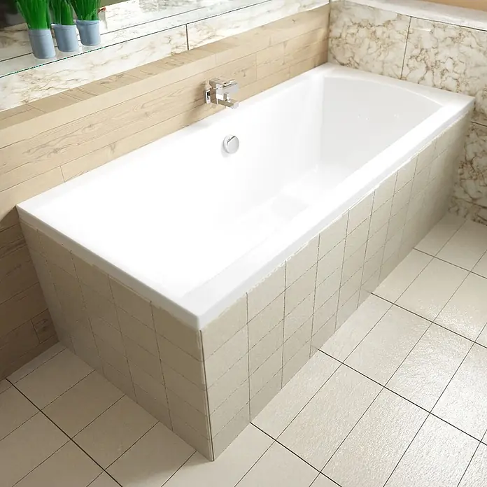 Bad Land Badewanne INES Acryl-Eckwanne 190 x 90 cm Weiß, inkl. Styroporverkleidung und Siphon - Sanitäracryl, Weiß - Weiße rechteckige Badewanne, in einem modernen Badezimmer mit hellen Fliesen und Holzverkleidung installiert.