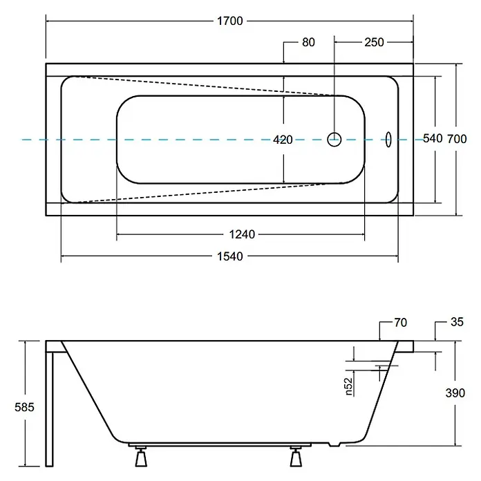 Bad Land Badewanne - 170 x 70 cm, Sanitäracryl, Weiß - Technische Zeichnung einer rechteckigen Badewanne, mit Draufsicht und Seitenansicht und wichtigen Maßen.