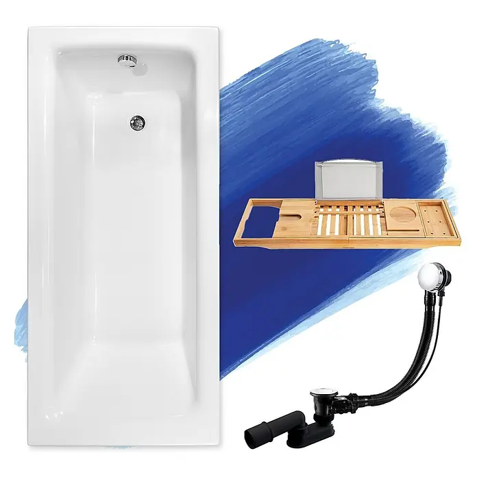 Bad Land Badewanne TALIA Acryl-Eckwanne 170 x 75 cm Weiß, inkl. Bambusablage - Sanitäracryl, Weiß - Weiße rechteckige Badewanne, Bambus-Badeablage und schwarzer Ablauf mit Chrom-Überlauf.