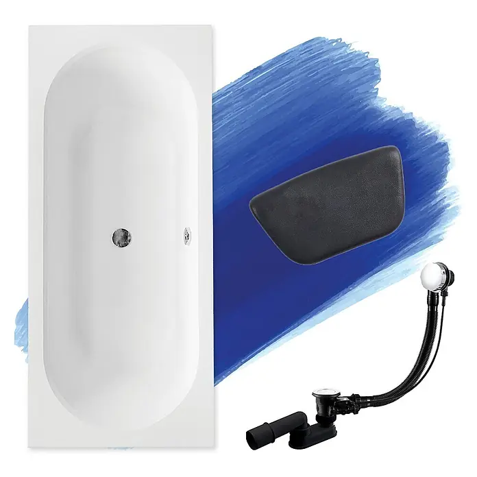 Bad Land Badewanne VITAE Acryl-Eckwanne 170 x 75 cm Weiß, inkl. Kopfstütze - Sanitäracryl, Weiß - Draufsicht auf eine weiße Badewanne, ein schwarzes Badekissen und ein verchromtes Ab- und Überlaufset.