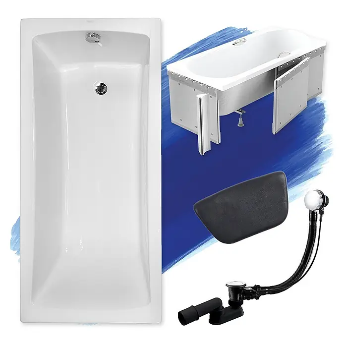 Bad Land Badewanne - 160 x 70 cm, Sanitäracryl, Weiß - Weißer Rechteck-Badewanne mit Chromarmaturen, schwarzem Badekissen und Ab-/Überlaufgarnitur, mit Explosionsansicht des Rahmens.