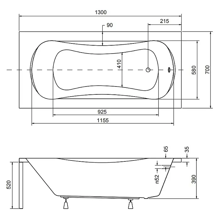 Bad Land Badewanne ARIA PLUS Acryl-Eckwanne 130 x 70 cm Weiß - Sanitäracryl, Weiß - Detaillierte technische Zeichnung einer ergonomischen Badewanne mit Draufsicht, Seitenansicht und Maßen.