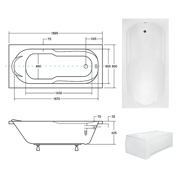 Bad Land Badewanne - 190 x 80 cm, Sanitäracryl, Weiß - Weiße Badewanne mit ergonomischem Design, technischen Zeichnungen und verschiedenen Ansichten.