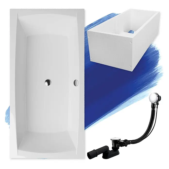 Bad Land Badewanne - 140 x 70 cm, Sanitäracryl, Weiß - Weiße Rechteckbadewanne mit Stützrahmen und schwarzer Chrom-Ablaufgarnitur.