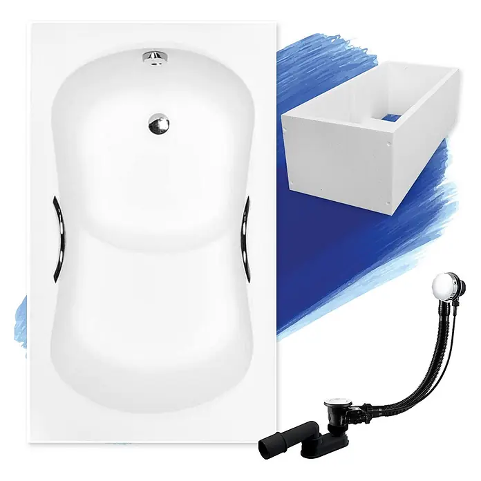 Bad Land Badewanne - 120 x 70 cm, Sanitäracryl, Weiß - Weiße freistehende Badewanne mit internem Überlauf, Schaumstoff-Stützrahmen und flexiblem Abflusssystem.