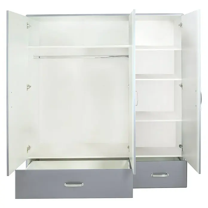 Phönix Miami Drehtürschrank - L x B x H: 52 x 146 x 200 cm, Grau - Abbildung eines dreitürigen Kleiderschranks mit offenen Türen, darunter zwei Schubladen in Grau, ideal für die Schlafzimmeraufbewahrung.