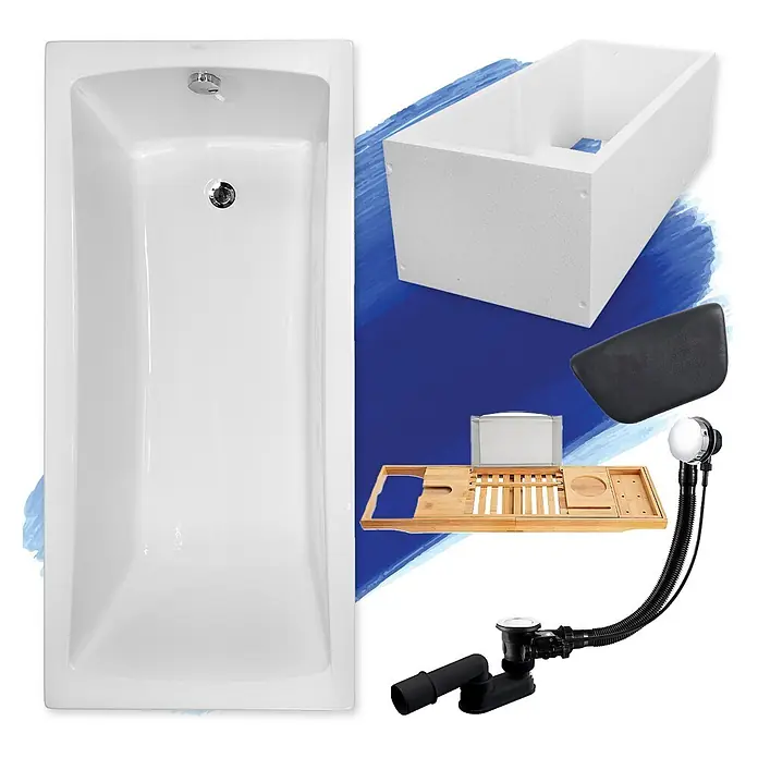Bad Land Badewanne - 140 x 70 cm, Sanitäracryl, Weiß - Weiße rechteckige Badewanne mit Chromarmaturen, schwarzer Kopfstütze, Bambus-Badewannenablage, Schaumstoffhalterung und Ab-/Überlaufsystem.