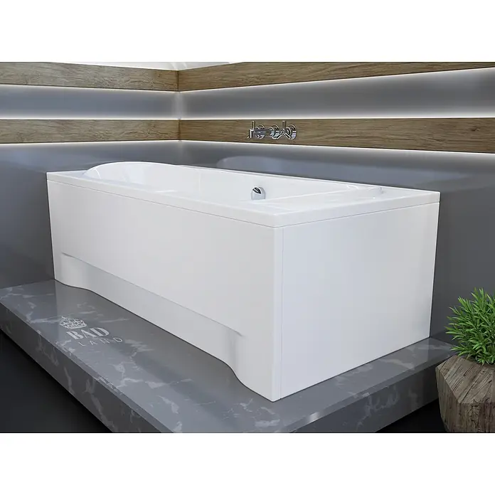 Bad Land Badewanne LONG Acryl-Eckwanne 170 x 80 cm Weiß - 170 x 80 cm, Sanitäracryl, Weiß - Weiße rechteckige Badewanne auf grauem Marmorsockel im modernen Bad.