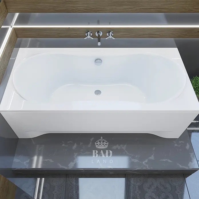 Bad Land Badewanne - 180 x 80 cm, Sanitäracryl, Weiß - Weiße Einbauwanne mit Chromarmaturen, in ein modernes Badezimmer mit grauer Arbeitsplatte integriert.