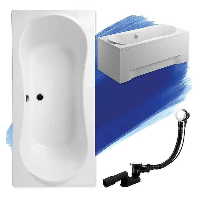 Bad Land Badewanne LONG Acryl-Eckwanne 180 x 80 cm Weiß, inkl. Acrylschürze - 180 x 80 cm, Sanitäracryl, Weiß - Weiße Badewanne mit Seitenpaneelen und separatem schwarzem Abfallkit, von oben und schräg gezeigt.