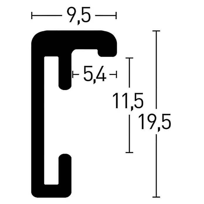 Nielsen Alurahmen Classic - 70 x 90 cm, Contrastgrau - Technische Zeichnung eines C-Profils mit den Maßen 9,5 mm Breite, 5,4 mm Tiefe der Nut, 11,5 mm und 19,5 mm Höhe.