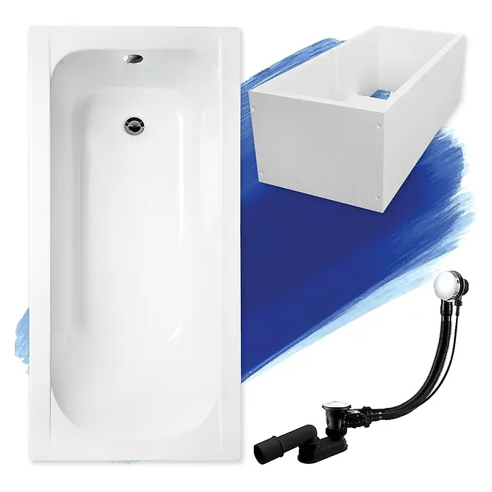 Bad Land Badewanne - 150 x 70 cm, Sanitäracryl, Weiß - Weiße Rechteckbadewanne, Polystyrolträger und schwarzer/chromfarbener Badablauf mit Überlauf.