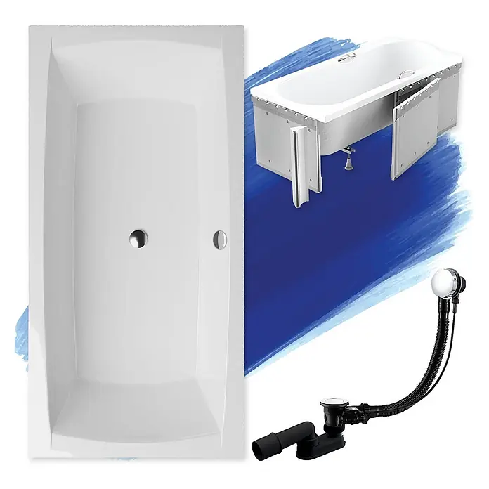Bad Land Badewanne - 140 x 70 cm, Sanitäracryl, Weiß - Weiße Acrylbadewanne mit Installationsrahmen und Paneelen sowie einem schwarzen Ab- und Überlaufset.