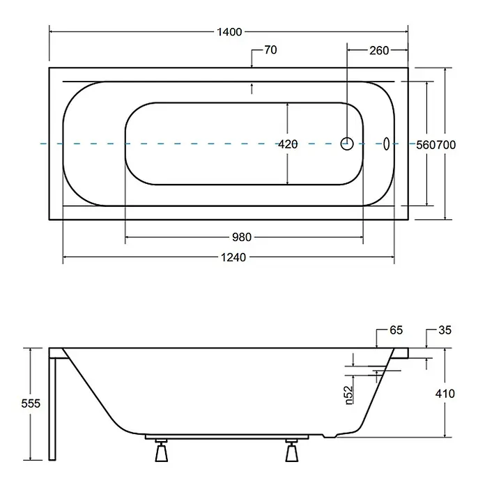 Bad Land Badewanne CONTINEA Acryl-Eckwanne 140 x 70 cm Weiß - Sanitäracryl, Weiß - Technische Zeichnung einer rechteckigen Badewanne, mit Draufsicht und Seitenansicht inklusive detaillierten Maßen.