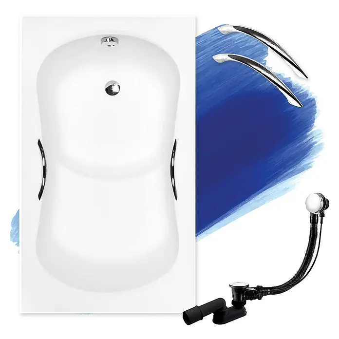 Bad Land Badewanne - 120 x 70 cm, Sanitäracryl, Weiß - Weiße Badewanne mit innenliegenden Chromgriffen und einem schwarzen Ab- und Überlaufset.