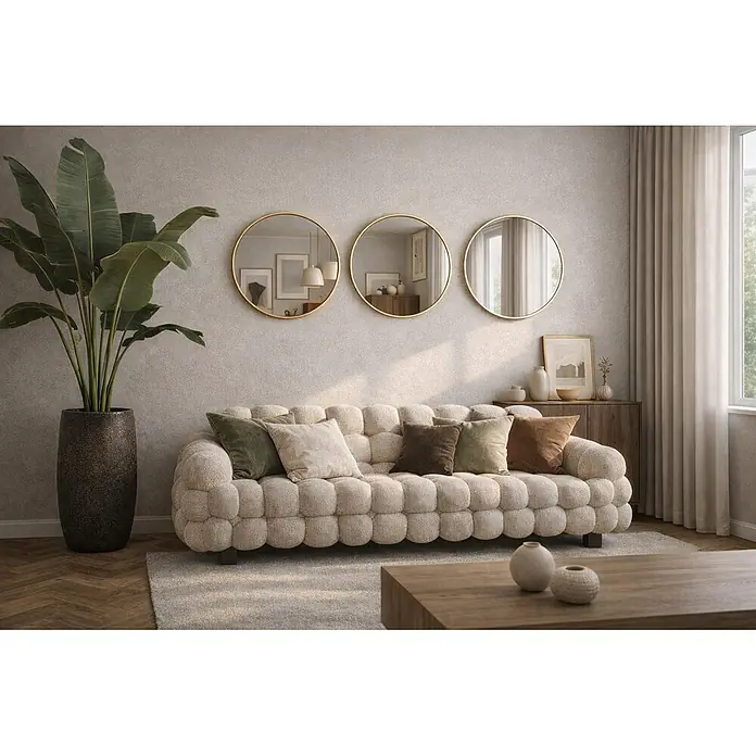 Cordia Rahmenspiegel - 40 x 40 cm, Gold, Aluminium - Ein gemütliches, hellbeiges, strukturiertes Sofa mit mehreren vollen Kissen in erdigen Tönen, platziert in einem modernen Wohnzimmer.