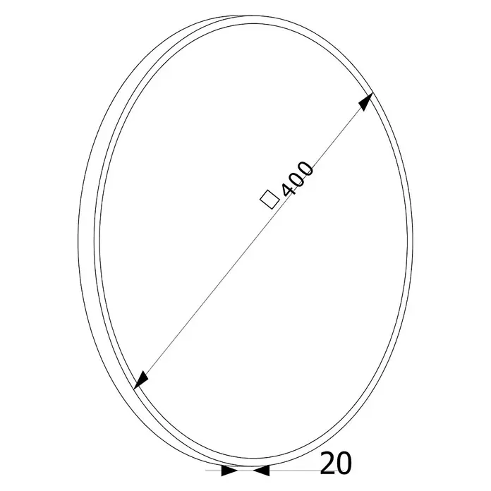 Cordia Rahmenspiegel - 40 x 40 cm, Gold, Aluminium - Technische Zeichnung eines kreisförmigen Rings mit Durchmesser 400 und Dicke 20.